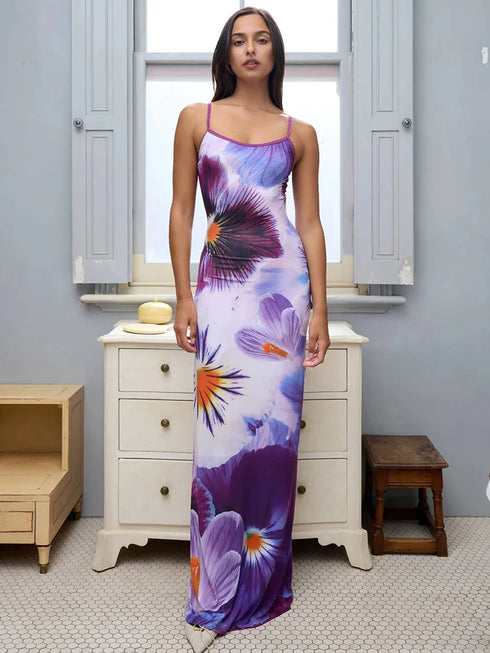 Sexy Party Maxi Dress For Women Summer Fashion Print Sleeveless Backless Bodycon Casual Club Elegant Strap Dress